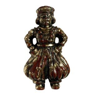 Vintage Figural Dutch Boy Brooch Pin Gold Tone Red Over Wood 2.25 Inches